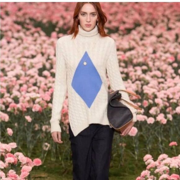 Tory Burch Sweater Nel Cable Knit Diamond Turtleneck Alpaca Wool in Cream Blue - Picture 8 of 15